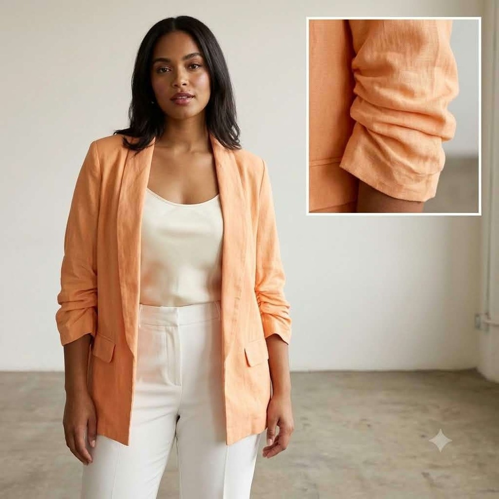 Blue Sol Womens Peach Orange Linen Blend Ruched Sleeve Open Front Blazer Large